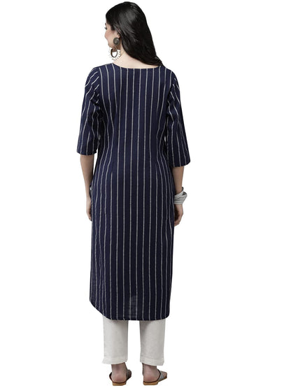 ishin Women's Cotton Pathani Embellished Beads and Stones Striped Print Navy Blue Kurti