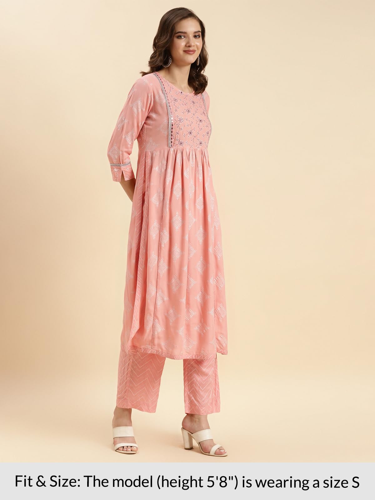 rangita Peach Rayon Embroidered Flared Kurta with Pant | Kurta Set for Women