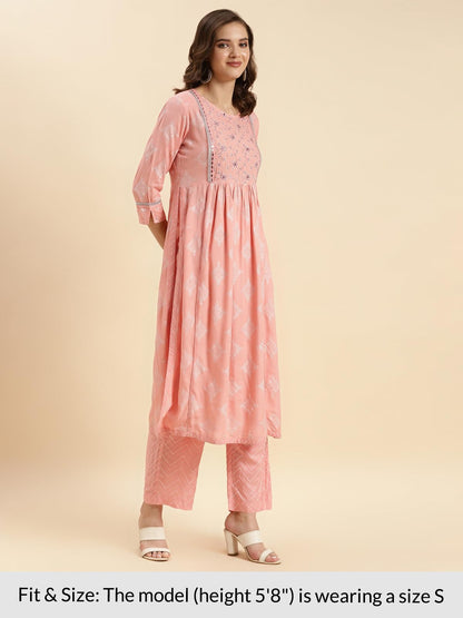 rangita Peach Rayon Embroidered Flared Kurta with Pant | Kurta Set for Women