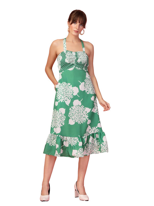 Oomph! WomenS Western & Fusion Wear Printed Crepe Dress For Women, Smocked Bodice, Green - Md1051