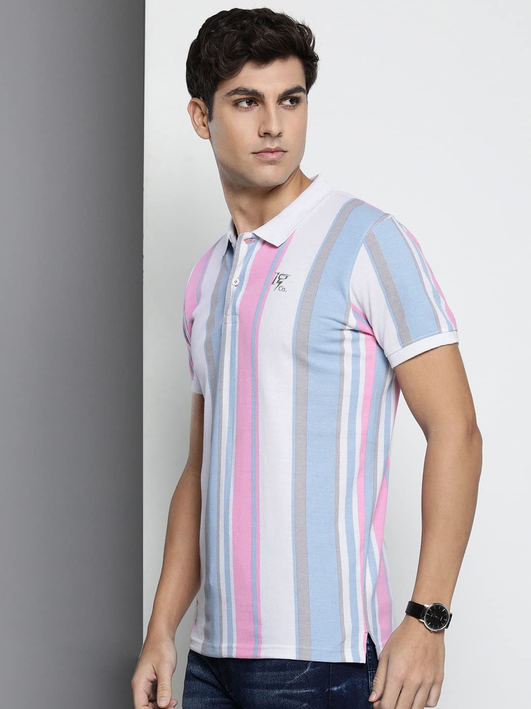 The Indian Garage Co Men Slim Fit Striped Polo Collar Tshirt Sky Blue