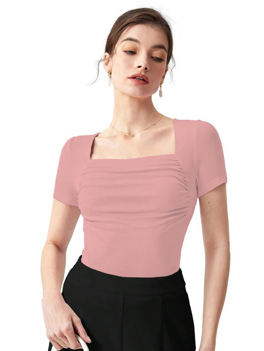 Shasmi Womens & Girls Peach Womens Summer Square Neck Solid Color Ruched Tee Workwear Pleated Casual t-Shirt for Women (Top 1