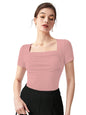Shasmi Womens & Girls Peach Womens Summer Square Neck Solid Color Ruched Tee Workwear Pleated Casual t-Shirt for Women (Top 1