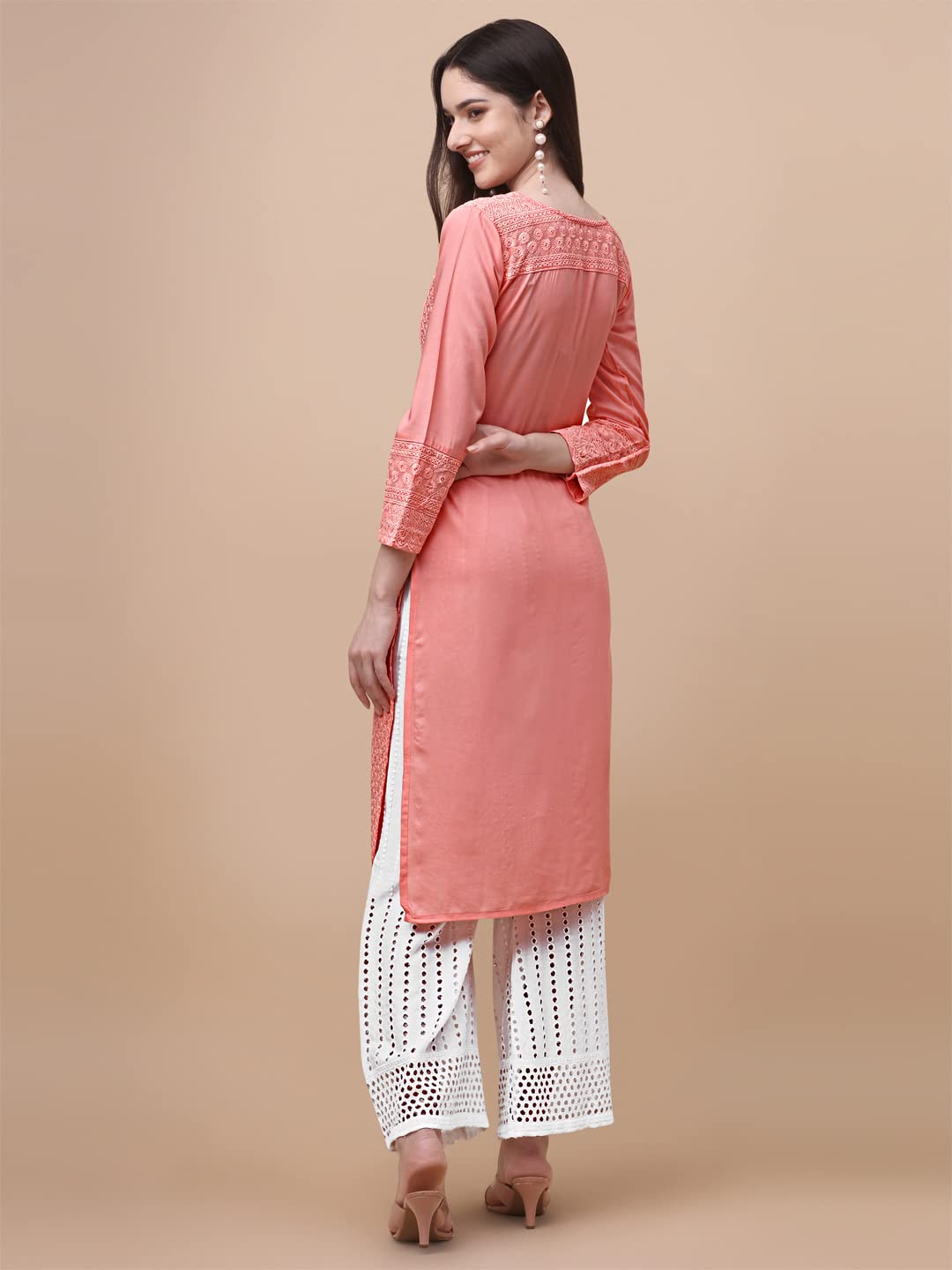 Gufrina WomenS Viscose Rayon Lucknowi Embroidery Work 3/4 Sleeve V- Nack Straight Kurta With Chikankari Embroidery Palazzo Set