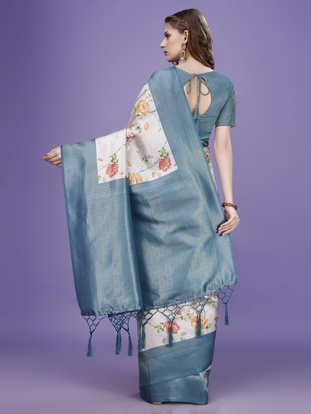 Pujia Mills Smooth Silk Saree For Women Indian Ethnic Wear Pure Silk Blend Zari Weaving Floral Digital Printed Smooth Silk Light