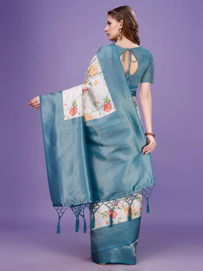 Pujia Mills Smooth Silk Saree For Women Indian Ethnic Wear Pure Silk Blend Zari Weaving Floral Digital Printed Smooth Silk Light