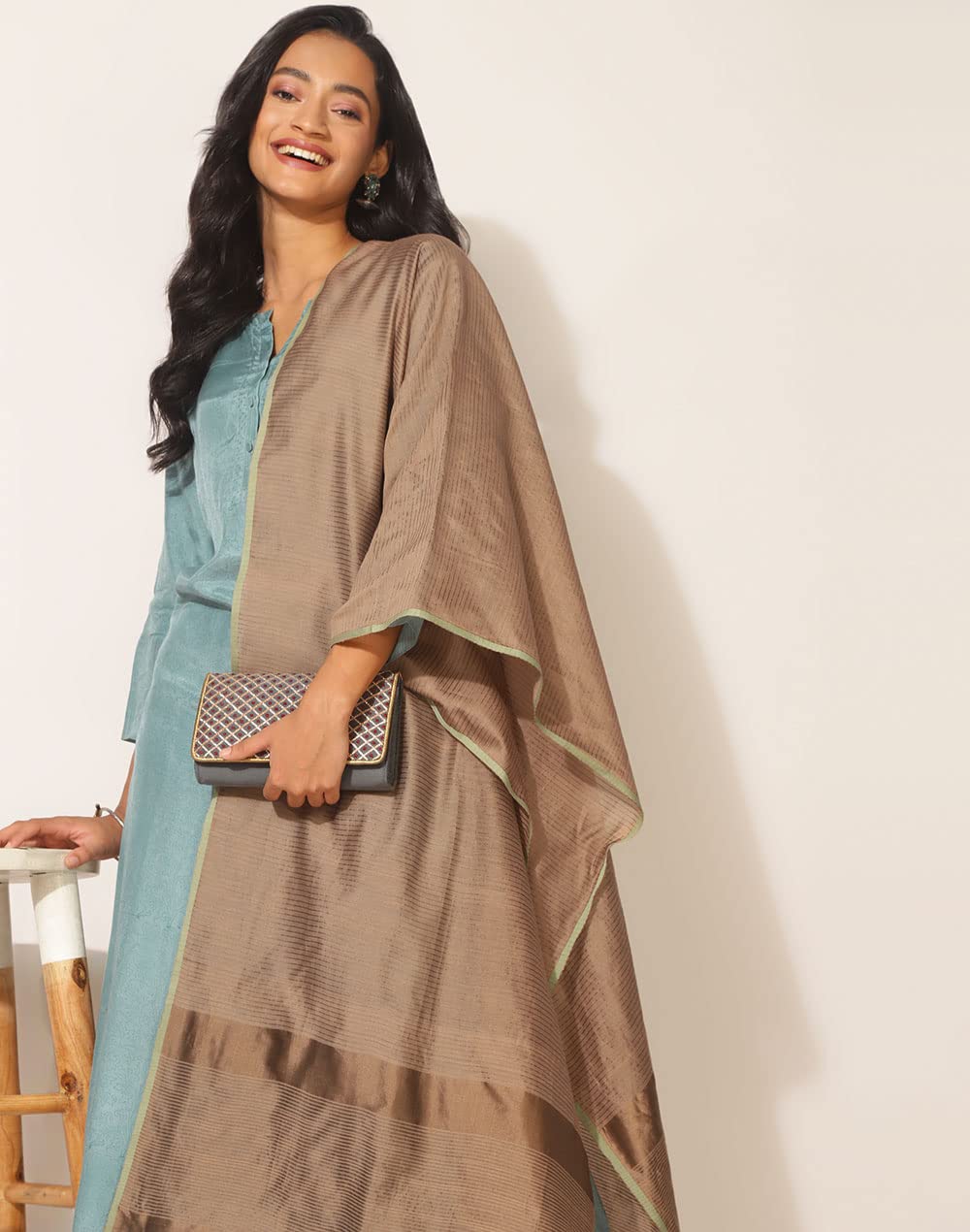Fabindia Beige Silk Blend Hand Woven Stole (Free Size)