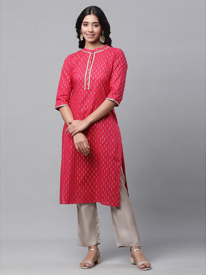 Aurelia WomenS Foil Straight Long Pink Cotton Kurta