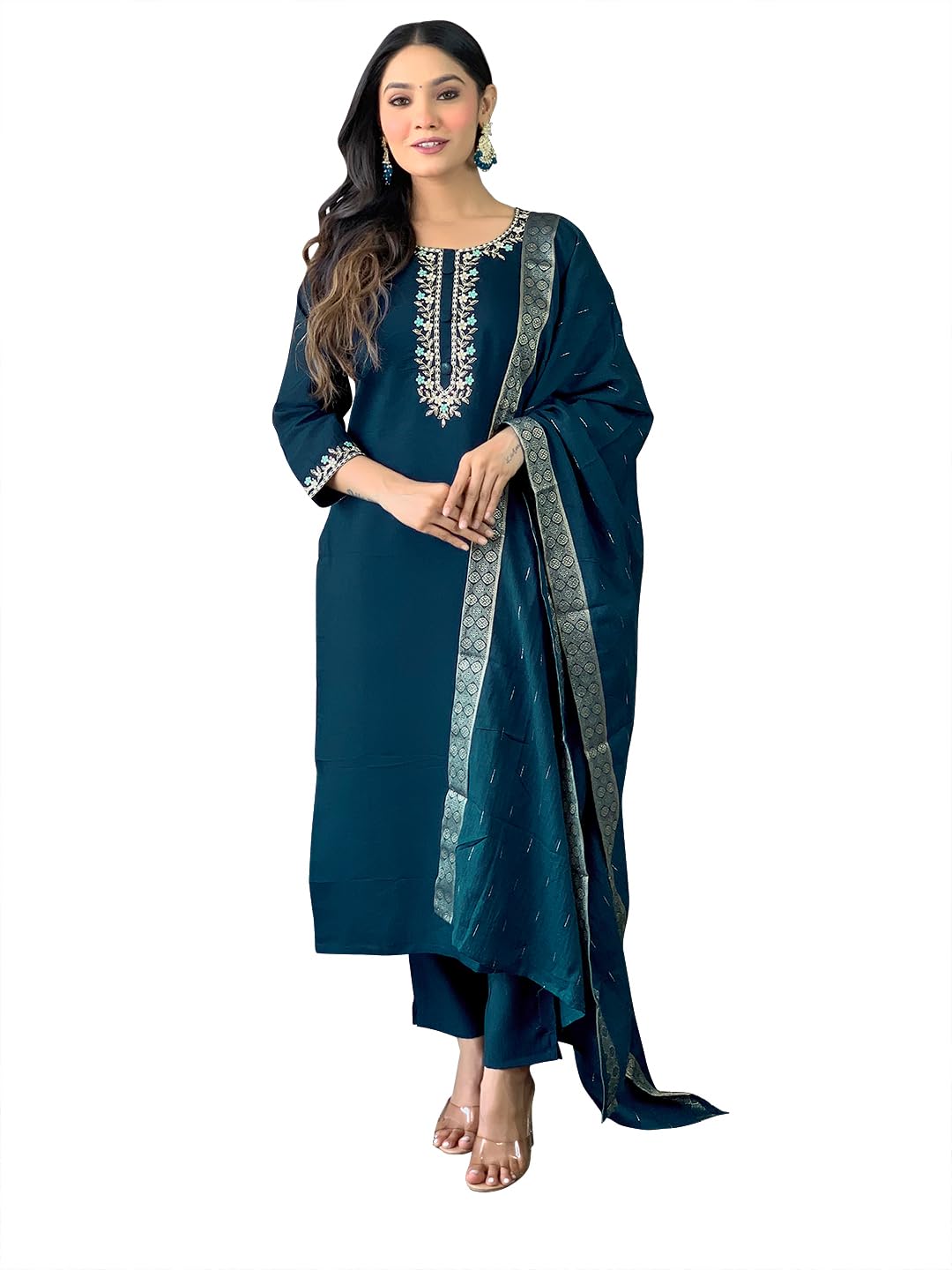 Naixa Womens Petrol Chanderi Viscose Embroidered Straight Kurta with Chanderi Viscose Pant and Cotton Laced Dupatta Sets (NX-S-