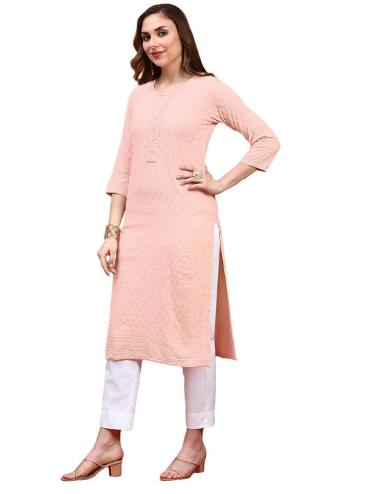 ishin Women Peach Viscose Rayon Kurta