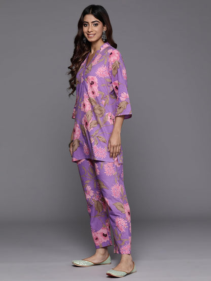 Varanga Women Lavender Floral Printed Cotton Co-Ords