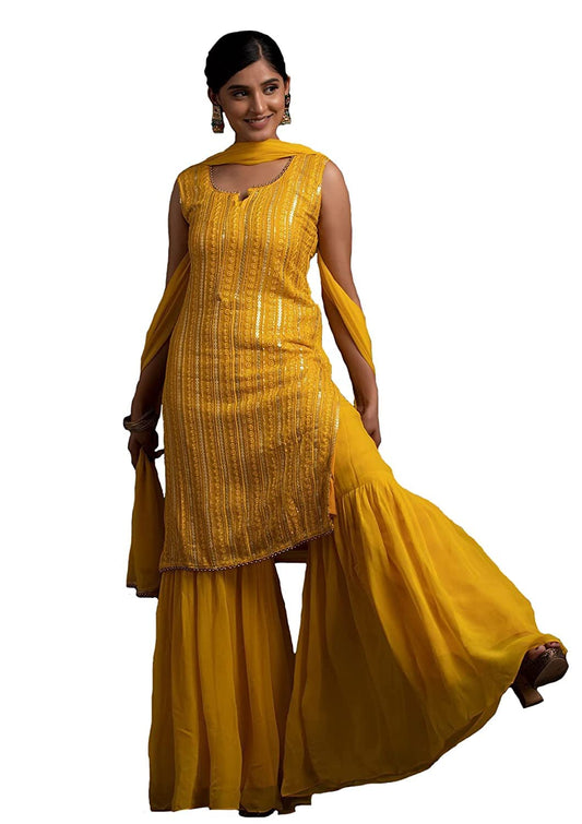 Xomantic Fashion WomenS Georgette Sequence Work Kurta Sharara Set With Dupatta Yellow