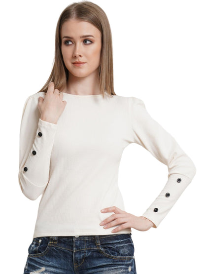 POPWINGS Casual Solid Puff Button Long Sleeves Tops for Women || Summer Round Neck Tops for Women || Stylish Western Top for Jea