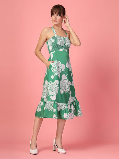 Oomph! WomenS Western & Fusion Wear Printed Crepe Dress For Women, Smocked Bodice, Green - Md1051