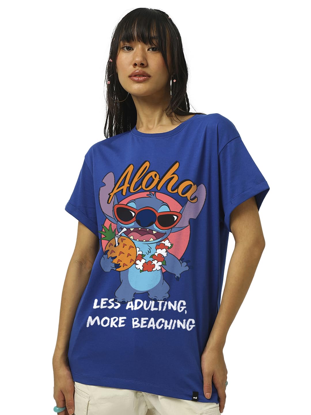 Bewakoof Official Disney Lilo & Stitch Womens Graphic Print Boyfriend Fit Half Sleeve Round Neck Pure Cotton T-Shirt_662759_Blu