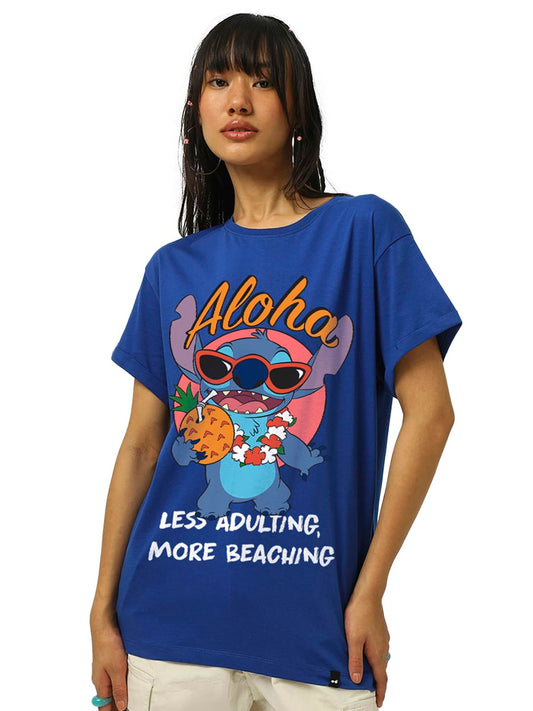 Bewakoof Official Disney Lilo & Stitch Womens Graphic Print Boyfriend Fit Half Sleeve Round Neck Pure Cotton T-Shirt_662759_Blu