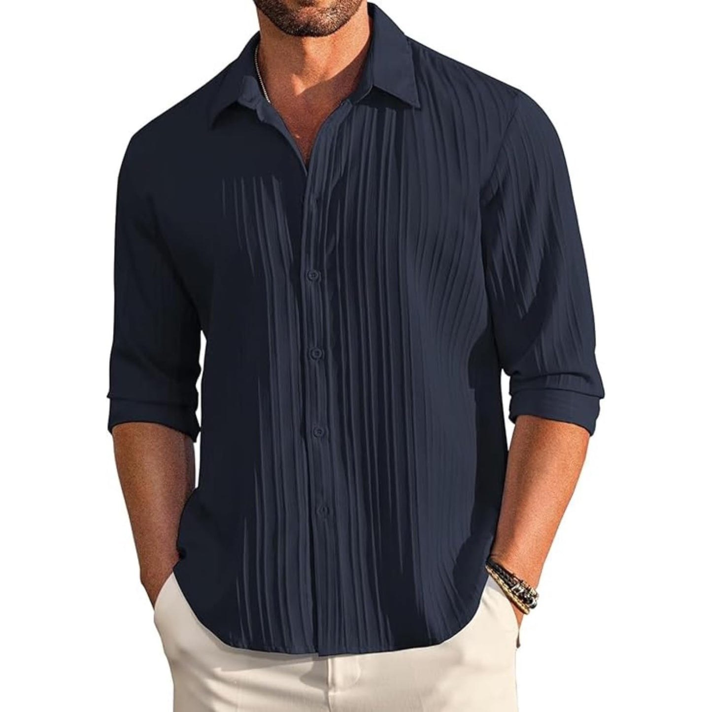 Deelmo MenS Button Down Dress Shirts Textured Long Sleeve Casual Hawaiian Beach Shirt Navy Blue