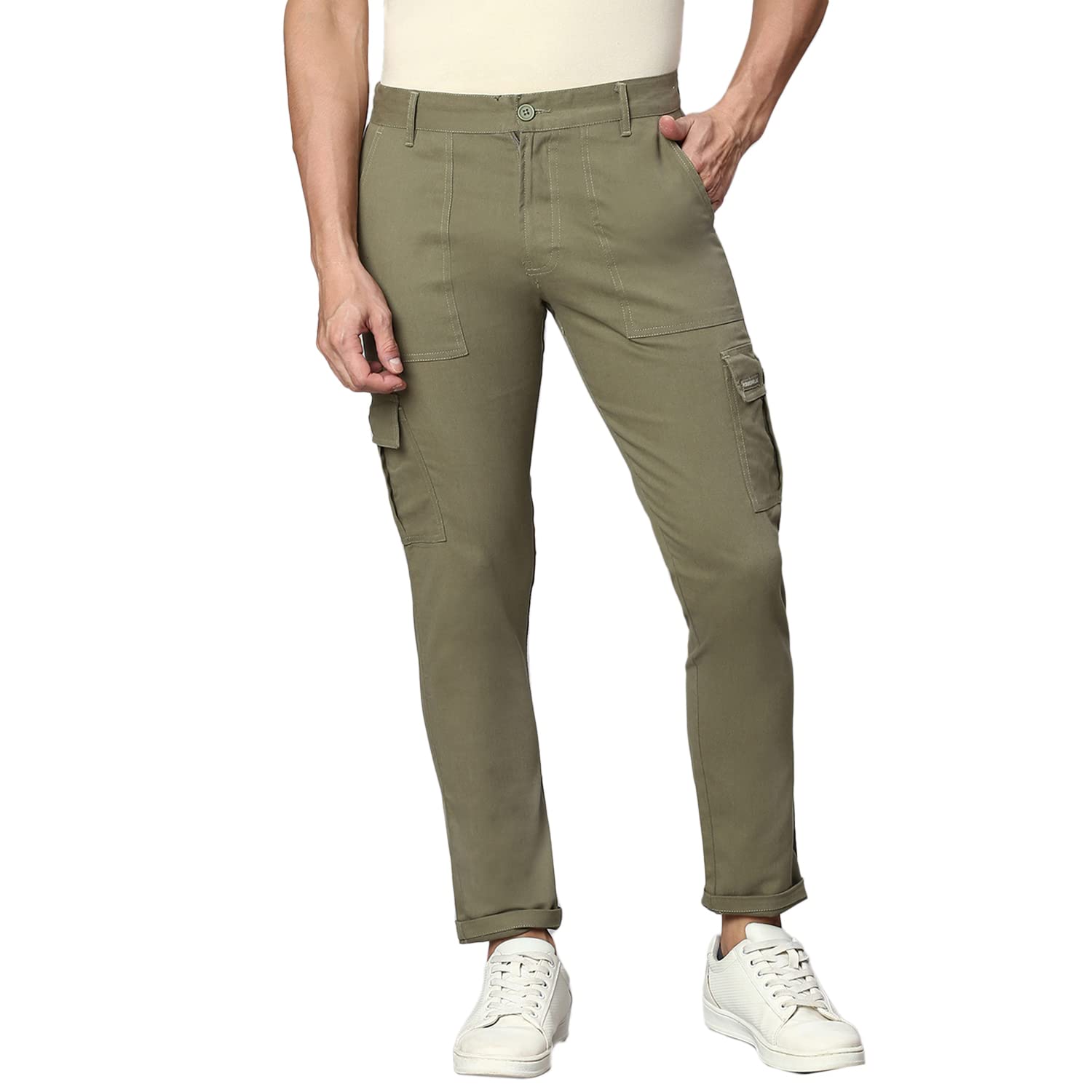 Hubberholme MenS Regular Fit Cotton Trousers With Patch Pockets, Ankle Length Button Closure Cargo Chinos Light Olive