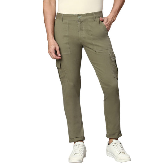 Hubberholme MenS Regular Fit Cotton Trousers With Patch Pockets, Ankle Length Button Closure Cargo Chinos Light Olive