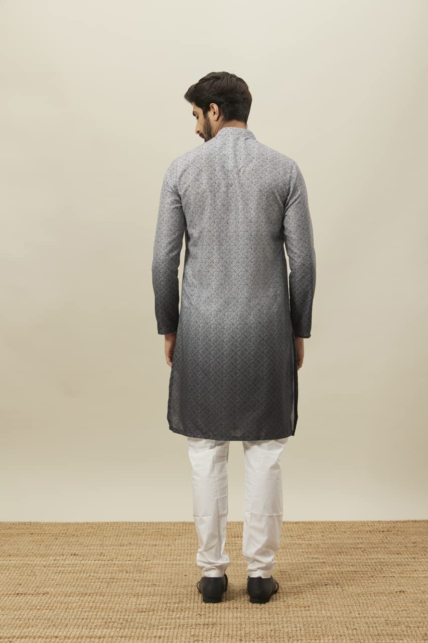 Manyavar Grey Blended Viscose Printed Full Sleeves Kurta