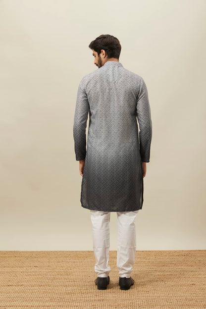Manyavar Grey Blended Viscose Printed Full Sleeves Kurta