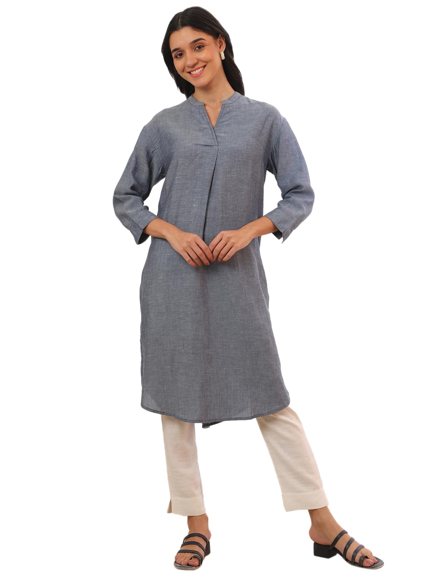 Aurelia Women's Blue Yarn Dyed Denim Straight Kurta
