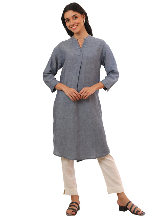 Aurelia Women's Blue Yarn Dyed Denim Straight Kurta