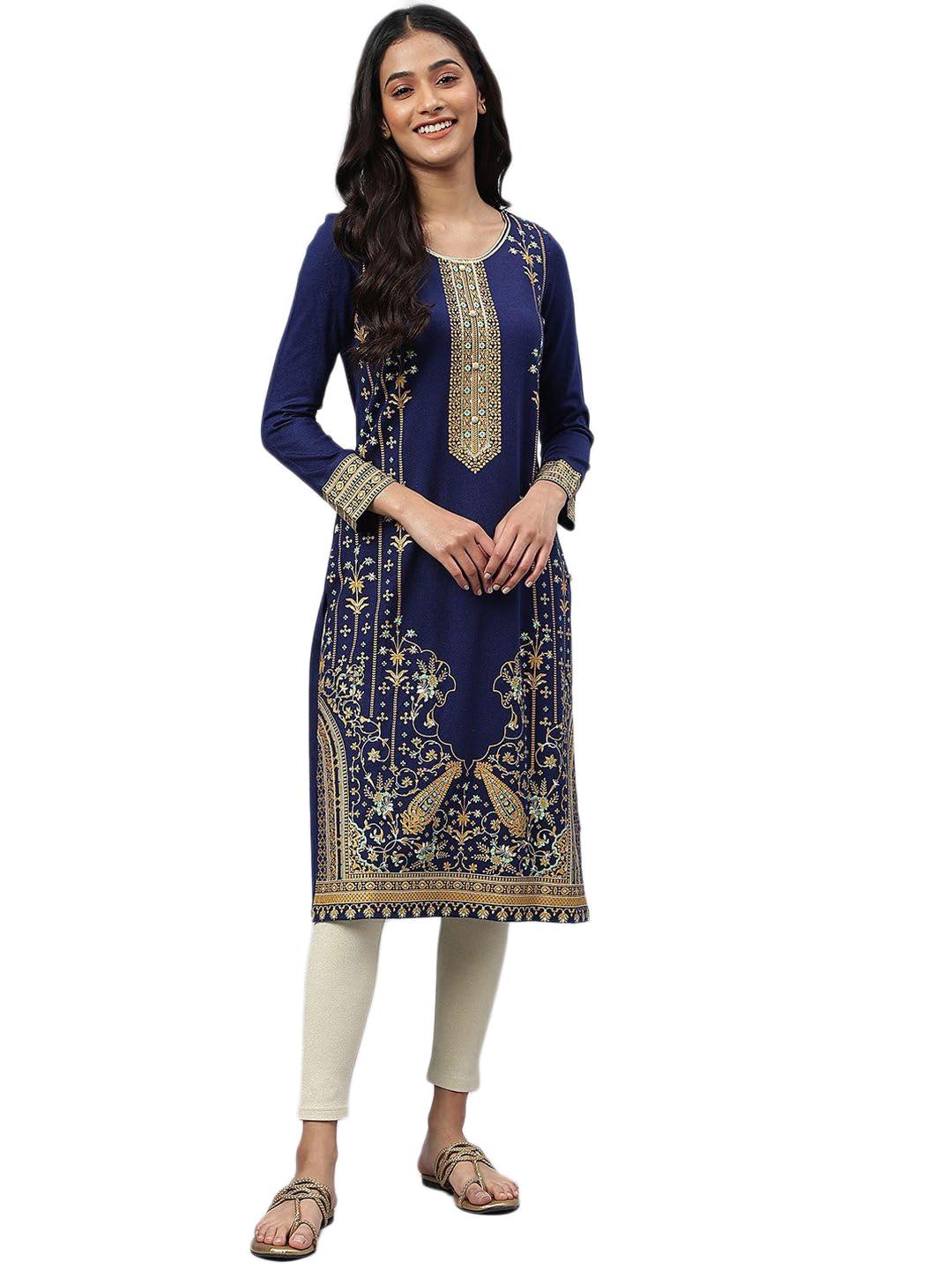 Blue Placement Print Winter Kurta (Size: M)-24NOA13695-505610