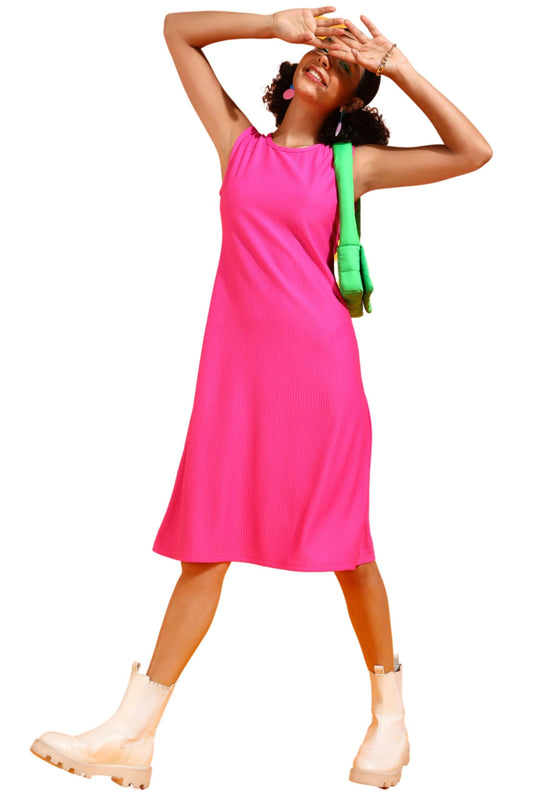 Popwings Women Casual Pink Rib Knee Length A-Line Dress Dress For Women | Stylish Dress For Women