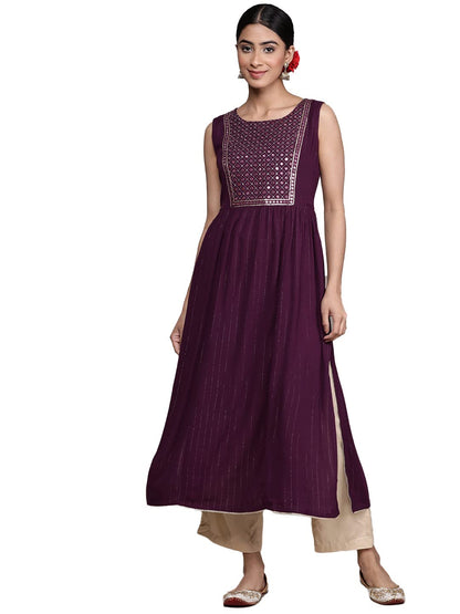 ishin Women's Viscose Rayon Embellished Black Mirror Work Anarkali Kurta