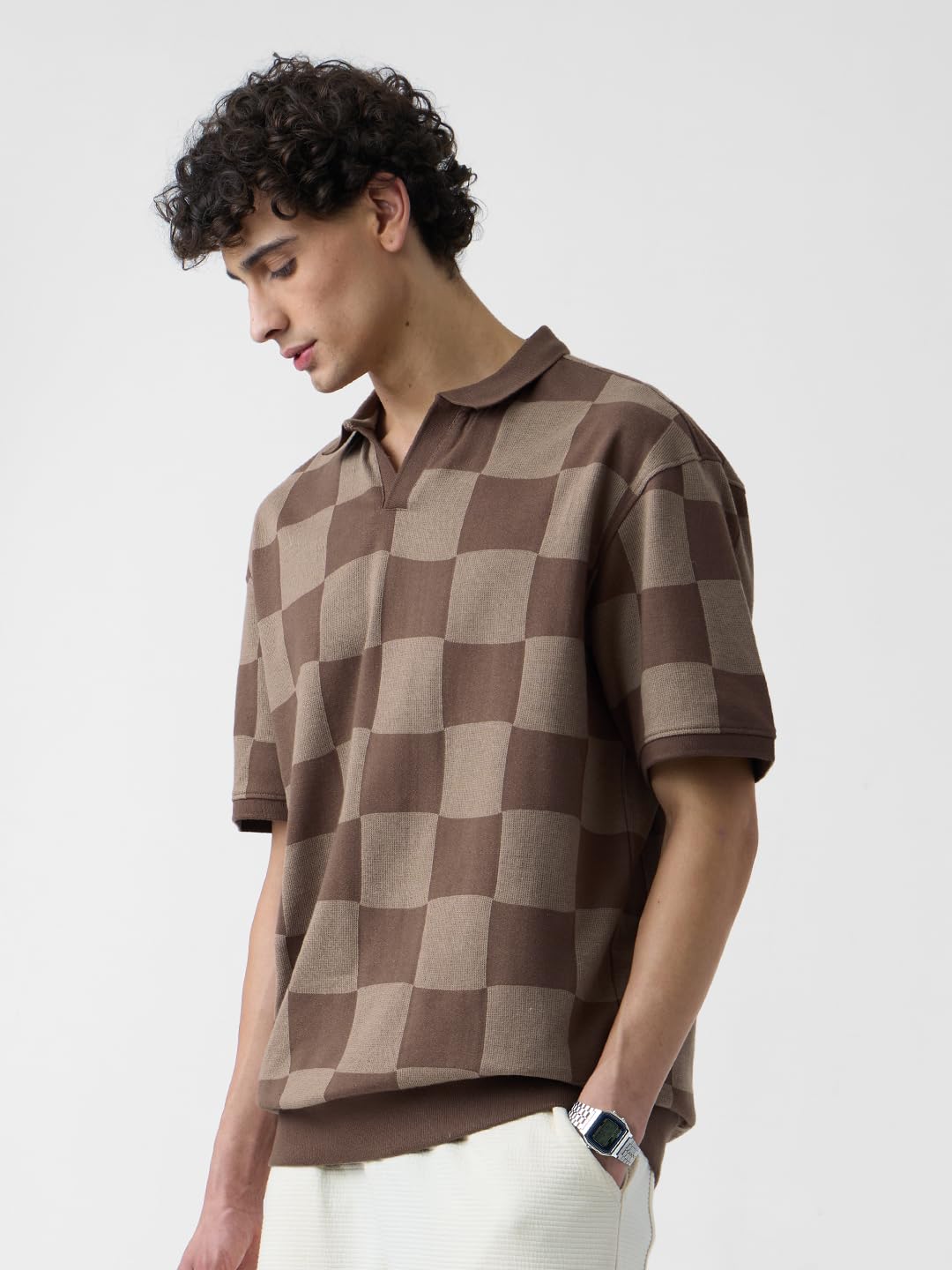 The Souled Store Jacquard: Old School Brown Men and Boys Short Sleeves Collared Neck Cotton Oversized Polos