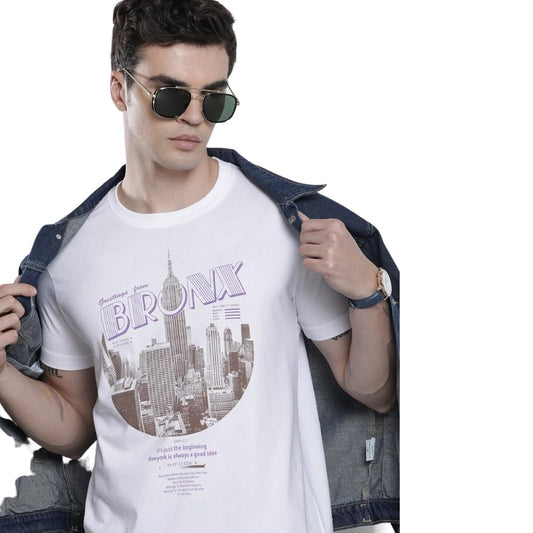 The Indian Garage Co Men Slim Fit Printed Round Neck Tshirt White