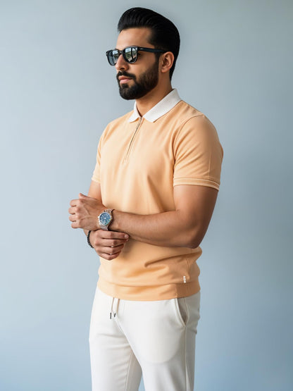 Mens Premium Cotton Polo T-Shirt | 220 GSM Soft Fabric | Casual Stylish Look | Zipper Polo Design Peach Polo T Shirt | Polo Tshi