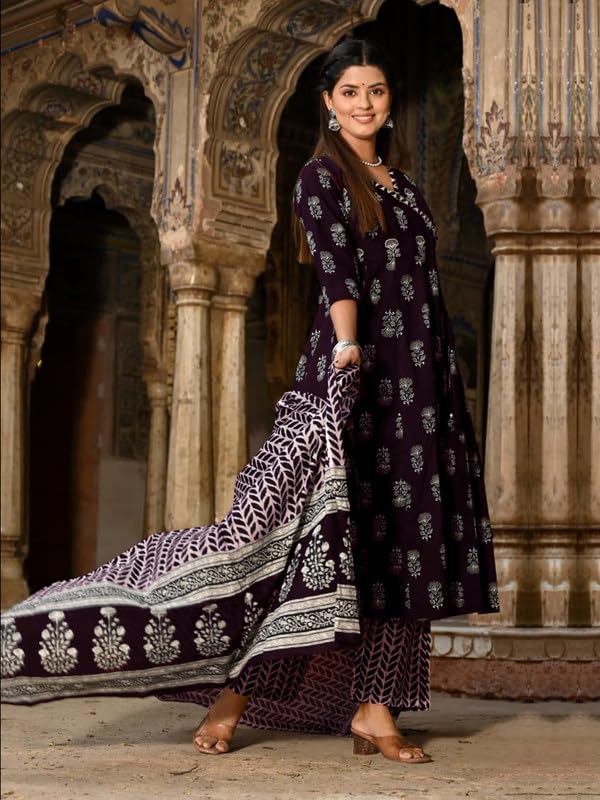 Pinkmint WomenS Cotton Blend Indigo Printed Printed Kurta With Pant & Dupatta