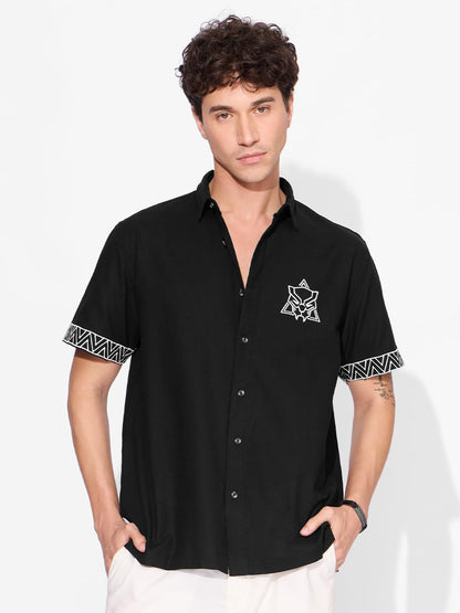 The Souled Store Official Black Panther: Wakanda Forever Men and Boys Short Sleeves Collared Neck Button Front Black Graphic Pri
