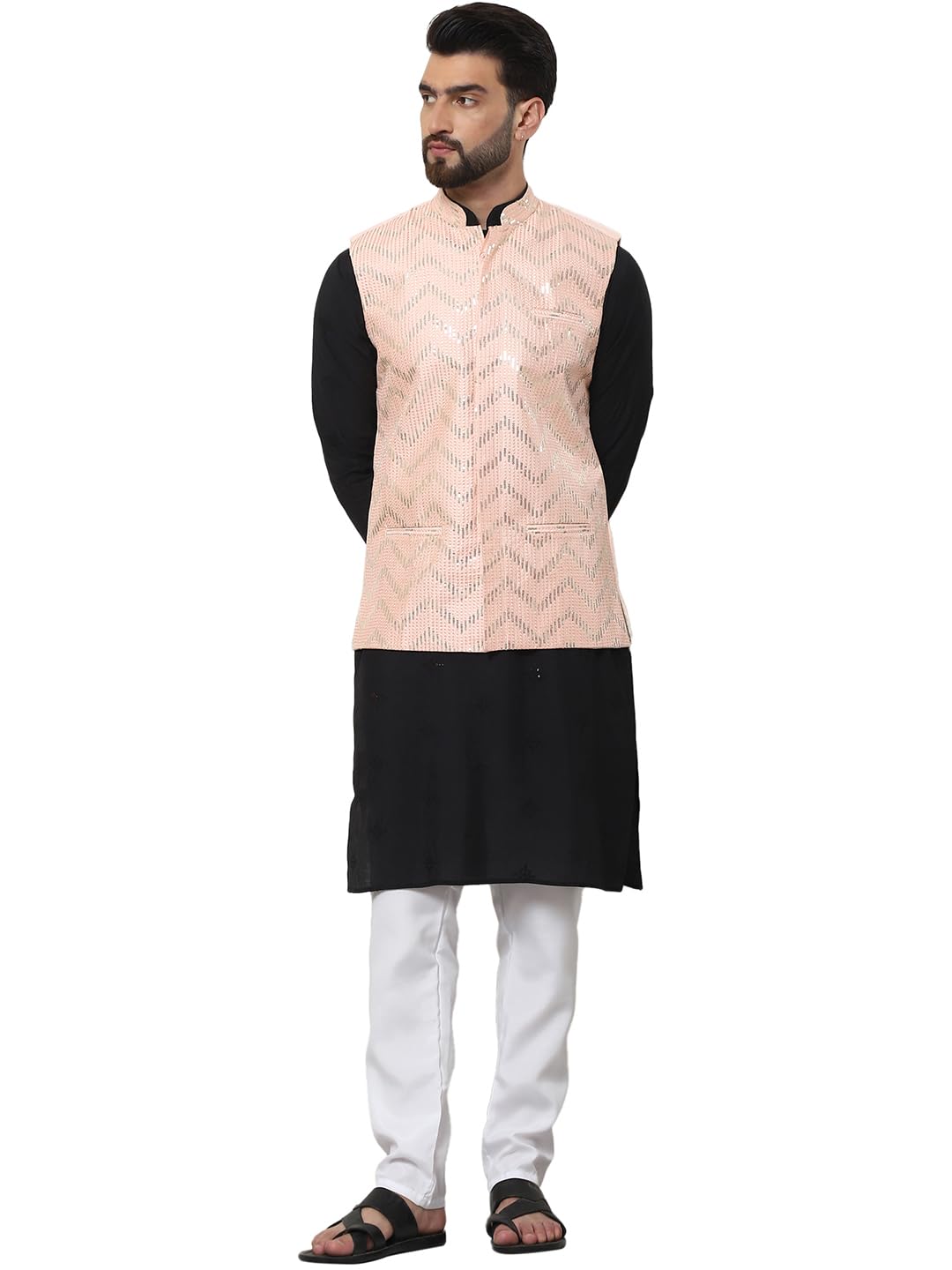 SOJANYA (Since 1958 Men's Cotton Silk Black Kurta and White Pyjama with Sequins Peach Nehru Jacket
