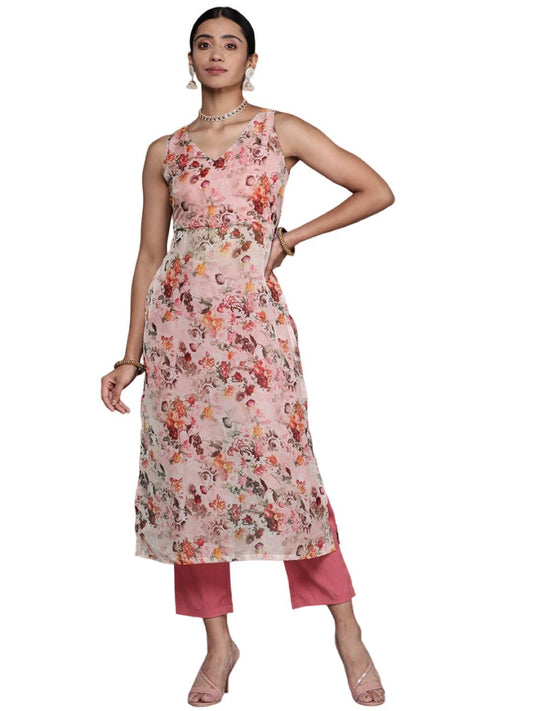 Varanga Women Beige & Pink Floral Printed V-Neck Sleeveless Straight Kurta Paired with Tonal Bottom