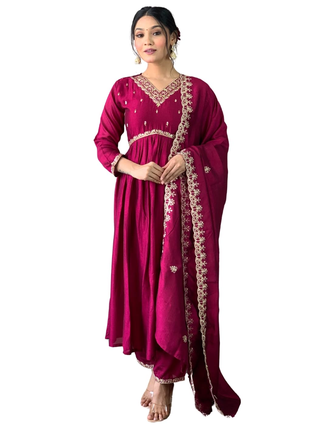 Shiv Textiles Embroidery Maroon Kurta Trousers With Dupatta Striped Viscose Art Silk Three-Quarter Sleeves Kurta Sets For Womens
