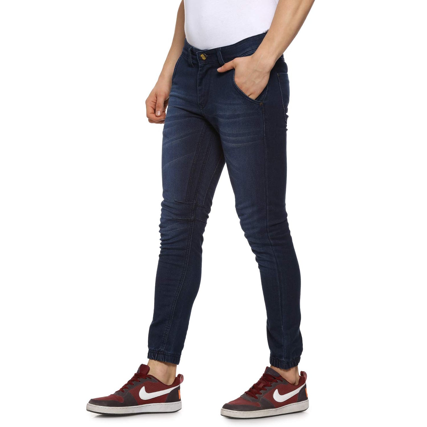 Campus Sutra Mens Classic Blue Dark-Washed Regular Fit Denim Jeans | Elasticated Hem Mid-Rise Stretchable Cotton Denim Jeans Cra