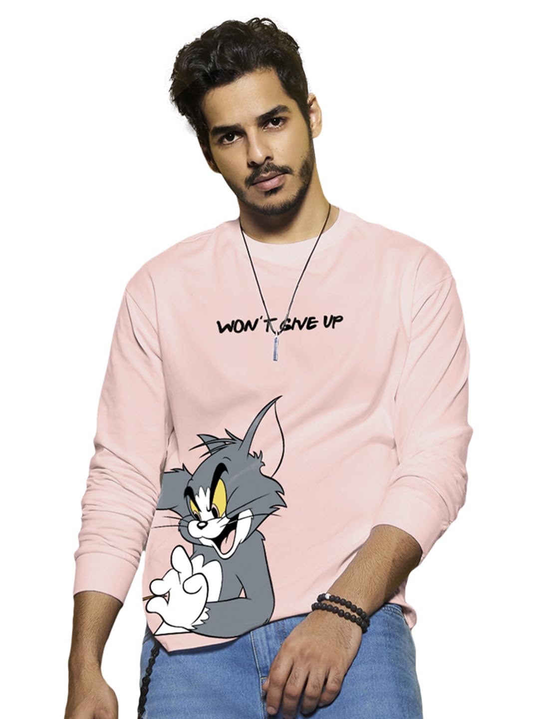 Bewakoof Mens Tom Chase Graphic Print Cotton T-Shirt- Oversized Fit, Round Neck, Full Sleeves 581117_Pink_XL