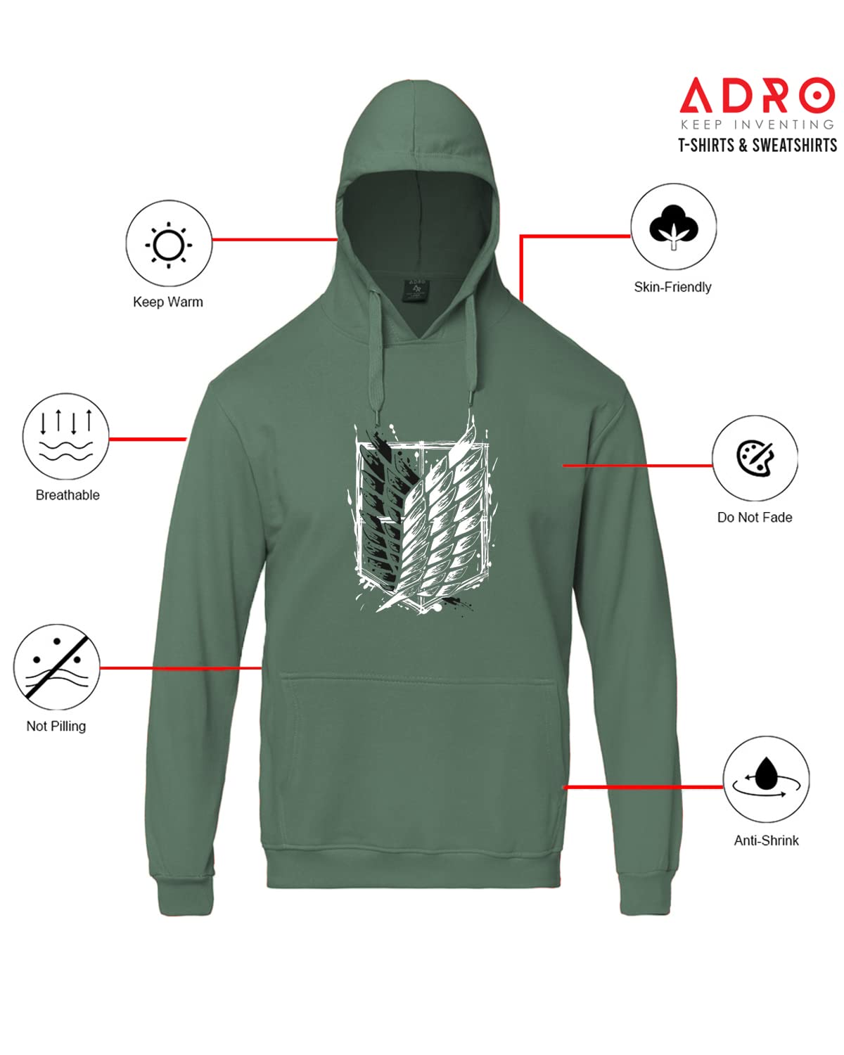ADRO Men's Cotton Neck Hooded Sweatshirt (H22-M-WINN-PT_Pista)