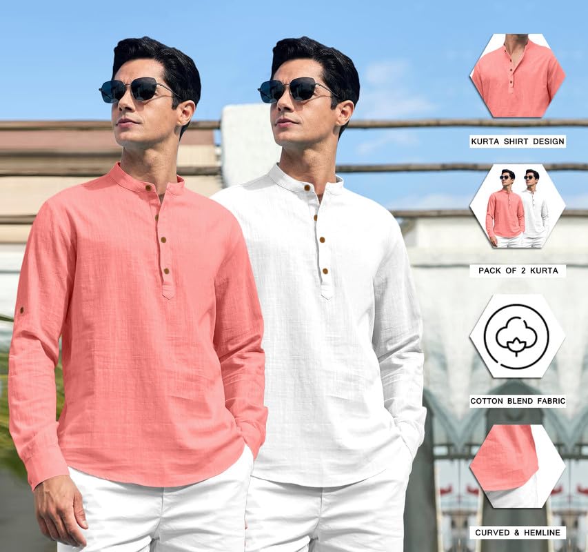 ROYALSCOUT Combo of Mens Solid Cotton Blend Full Sleeve Straight Kurta Shirt (Pack of 2) Peach-White