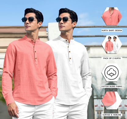 ROYALSCOUT Combo of Mens Solid Cotton Blend Full Sleeve Straight Kurta Shirt (Pack of 2) Peach-White