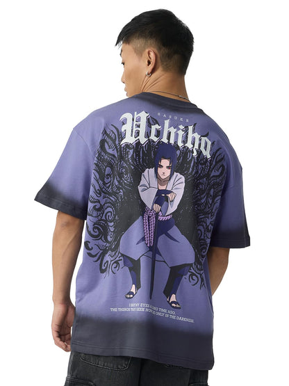 The Souled Store Naruto Shippuden: Uchiha Men and Boys Short Sleeves Round Neck Purple Graphic Printed Cotton Oversized T-Shirts