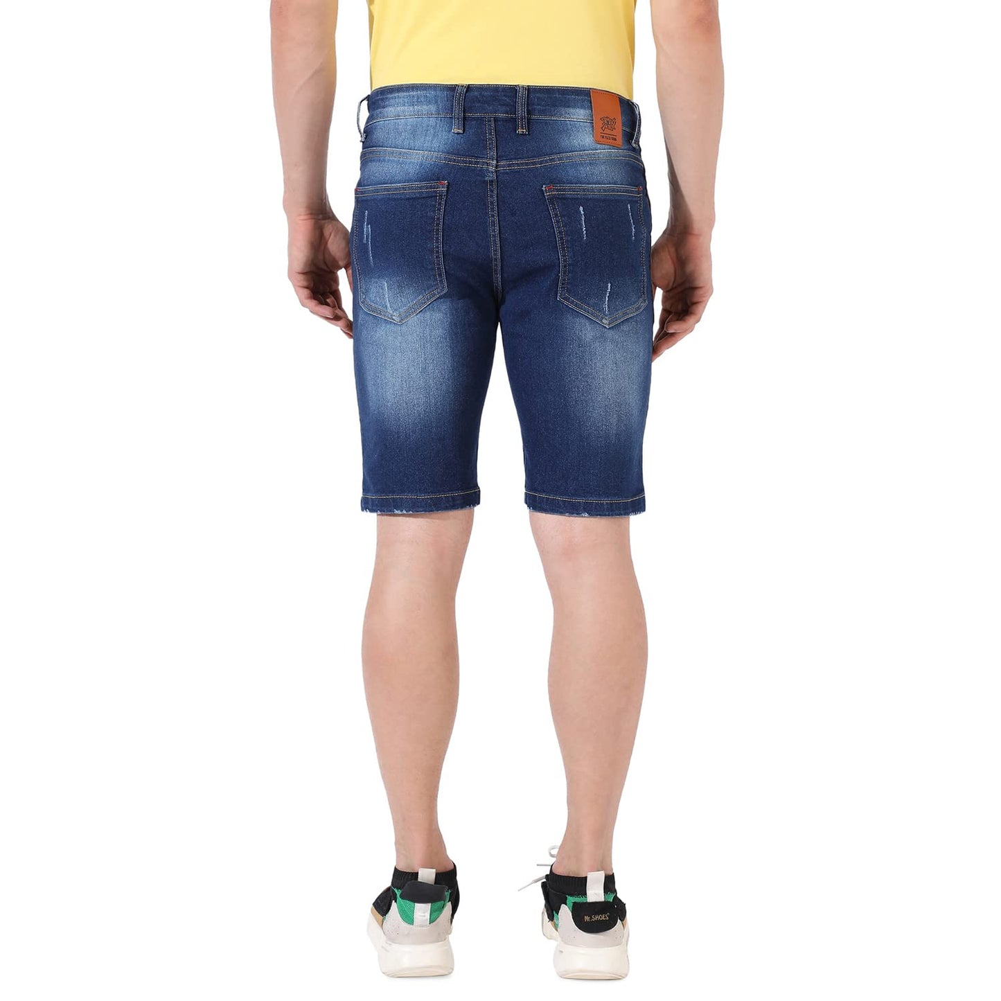 Campus Sutra Mens Classic Blue Dark-Washed Solid Patterned Regular Fit Denim Shorts, Premium Stretchable Cotton Mid-Rise Crafte