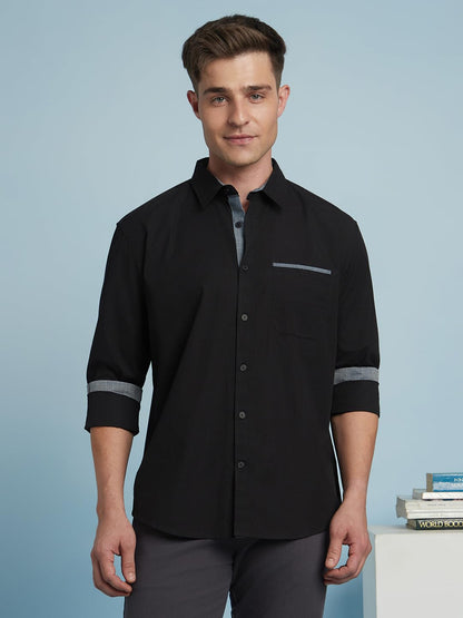 Dennis Lingo Men Solid 100% Cotton Regular Fit Full Sleeves Spread Collar Shirts Black