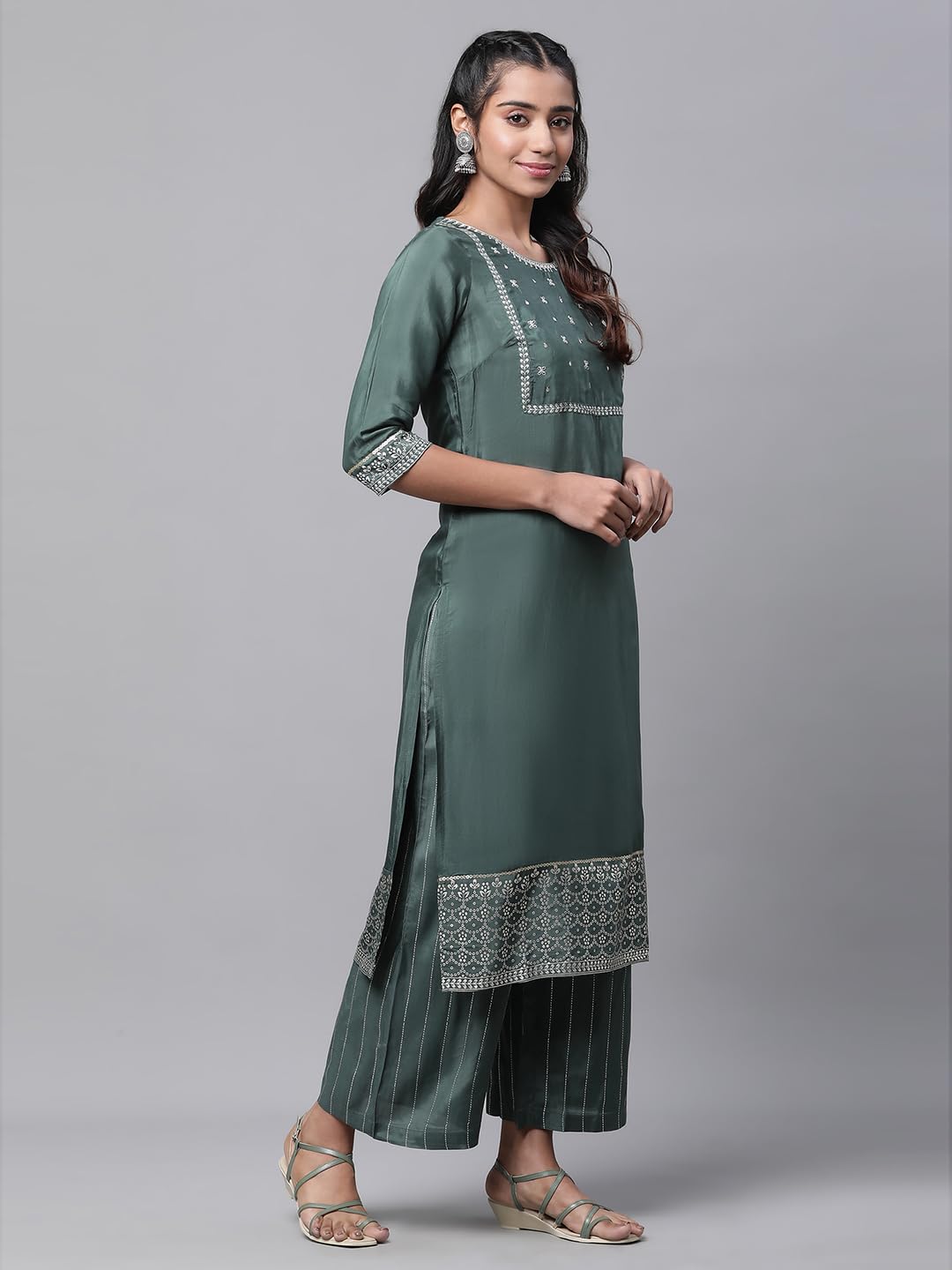 Aurelia Women's Embroidered Straight Kurta Set with Palazzos & Dupatta