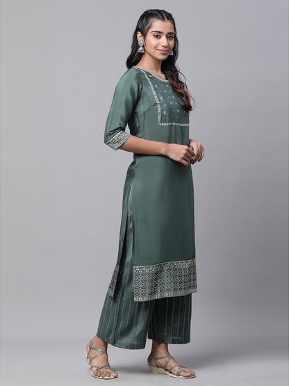 Aurelia Women's Embroidered Straight Kurta Set with Palazzos & Dupatta
