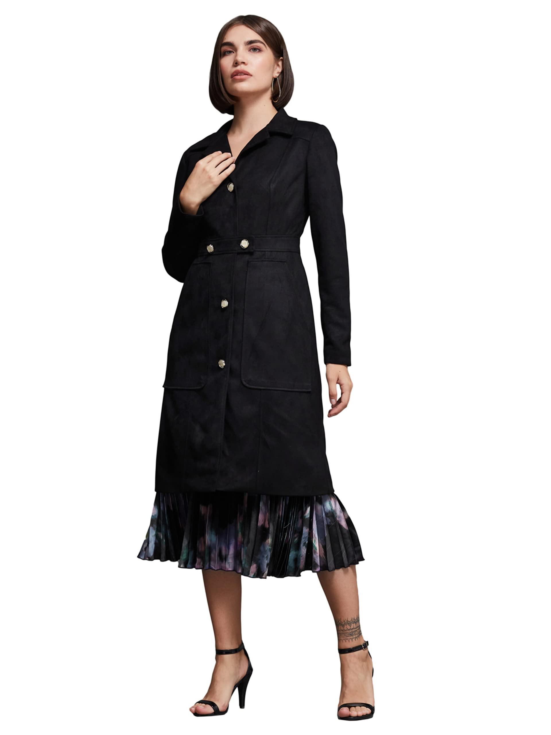 Miss Chase WomenS Black Solid Shirt Collar Full Sleeves Polyester Button Down Jacket (Mcaw22Jkt03-49-62-06, Black, Xl)
