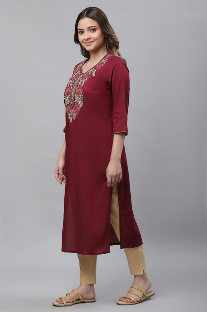 Aurelia Women Wine Solid Solid Viscose Poly Straight Kurta_23Aua14761-704675
